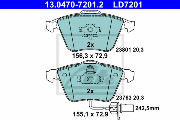 ATE - 13.0470-7201.2 - Гальмівні колодки дискові перед, Audi A4 1.6-3.2FSi/A6 III/A6 Quattro III 4.2 04- /T-5