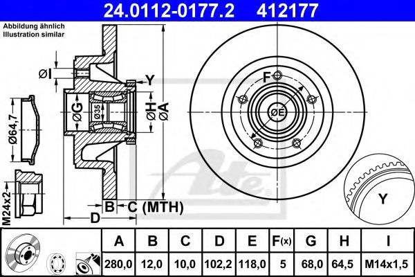 ATE - 24.0112-0177.2 - Диск гальмівний задній (з підшипником) Opel Vivaro/Renault Trafic 01-