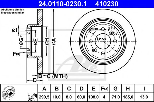 ATE - 24.0110-0230.1 - Диск гальмівний зад. Peugeot 406 1.8I/2.0I/2.1TD/2.2HDI/3.0I V6 95-  (290X10)
