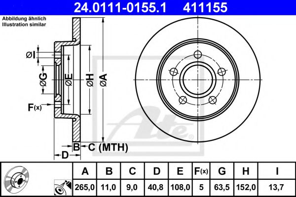 ATE - 24.0111-0155.1 - Гальмівний диск задній  Ford C-Max, Focus II 1.4-1.8Alk 10.03-09.12