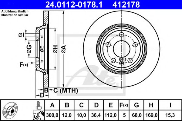 ATE - 24.0112-0178.1 - Диск гальмівний задн. (300mmx12mm) AUDI A4 1.8 TFSI/1.8 TFSI quattro/2.0 TDI/2.0 TDI quattro/2.0 TFSI/2.0 TFSI flexible fuel/2.0 TFSI flexible fuel quattro/2.0 TFSI hybrid/2.0 TFSI hybr