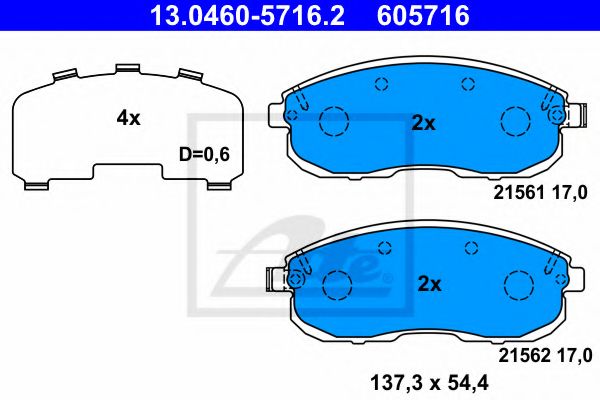 ATE - 13.0460-5716.2 - Гальмівні колодки дискові перед. Nissan Teana J31/ Maxima J30 89-/ A32 FR 95-