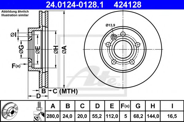 ATE - 24.0124-0128.1 - Диск гальмівний VW T4 96- вентил.
