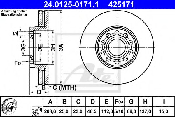 ATE - 24.0125-0171.1 - Гальмівний диск перед. 288X25 Audi A3 1.6-3.2 V6 quattro 05.03-