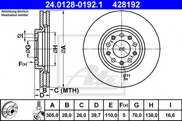 ATE - 24.0128-0192.1 - Гальмівний диск пер.Chrysler 200; Fiat 500X; Jeep Compass, Renegade 1.0-3.6Alk 09.10-