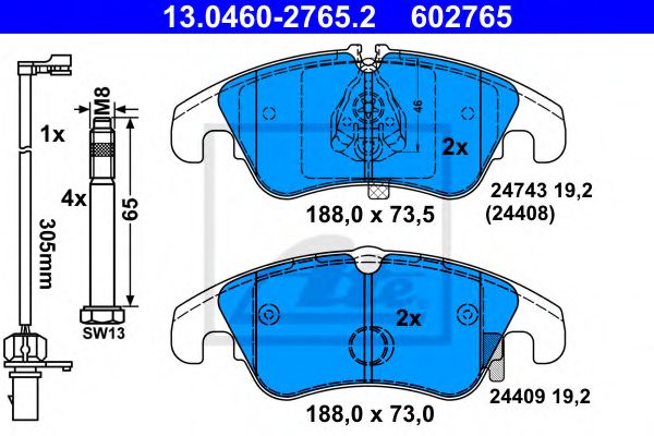 ATE - 13.0460-2765.2 - Гальмівні колодки дискові перед. Audi A4 (B8) 2.0 TDI 07-/A5 2.7 TDI 09-