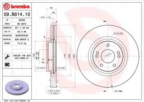 BREMBO - 09.B614.10 - Диск гальмівний HYUNDAI SANTA FE 06 - передн. (вир-во BREMBO)