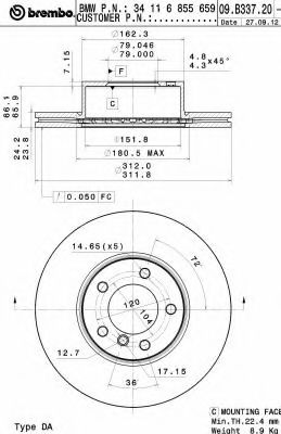 BREMBO - 09.B337.21 - Диск гальмівний передн. (вир-во BREMBO)