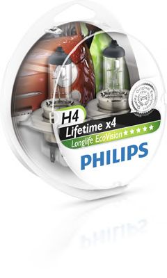 PHILIPS - 12342LLECOS2 - Лампа накаливания H4 12V 60/55W  P43t-38 LongerLife Ecovision 2шт (пр-во Philips)