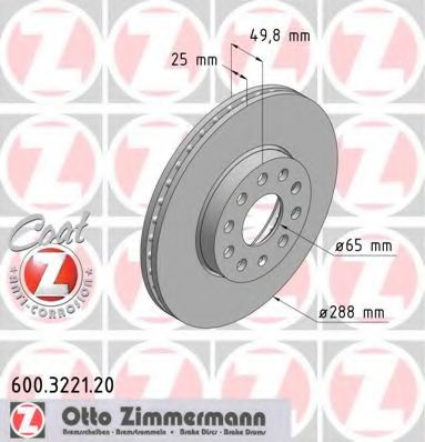 ZIMMERMANN - 600.3221.20 - Гальмівний диск перед. 288X25 Audi A3 1.6-3.2 V6 quattro 05.03-