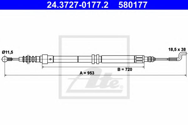 ATE - 24.3727-0177.2 - Трос ручного гальма зад. Л/П VW T4/Caravelle/Multivan DS1,9-2,4-2,5 -ch.70W120001> 97- (дискові гальма) 953/720