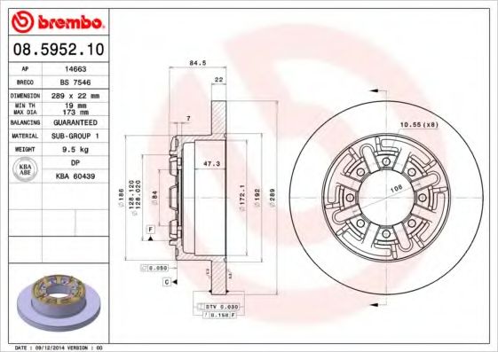 BREMBO - 08.5952.10 - Гальмівний диск задн.Iveco Daily 89-