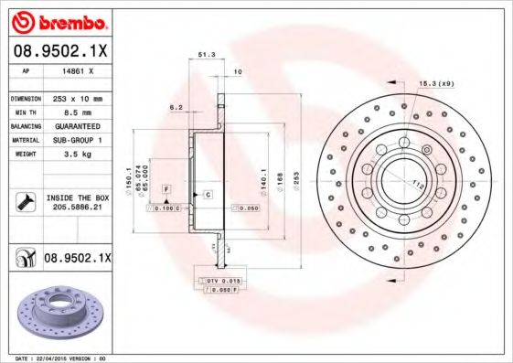 BREMBO - 08.9502.1X - Тормозной диск XTRA