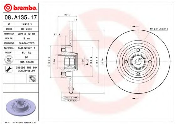 BREMBO - 08.A135.17 - Диск гальмівний задній (з підшипником) Renault Megane/Scenic 1.5 Dci, 1.9Dci 05- (+ABS)