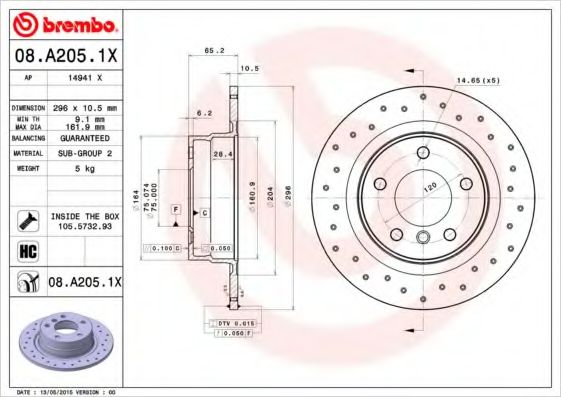BREMBO - 08.A205.1X - Гальмівний диск