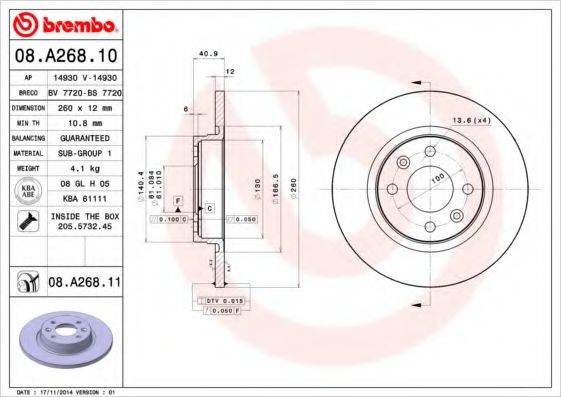 BREMBO - 08.A268.11 - Диск тормозной