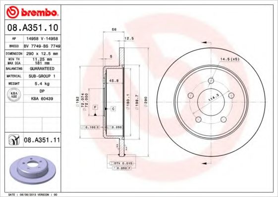 BREMBO - 08.A351.11 - Гальмівний диск