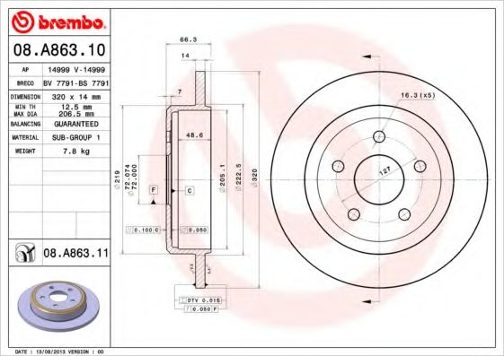 BREMBO - 08.A863.10 - Гальмівний диск