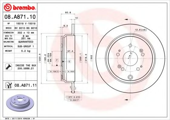 BREMBO - 08.A871.10 - Диск гальмівний HONDA CR-V задн. (вир-во BREMBO)