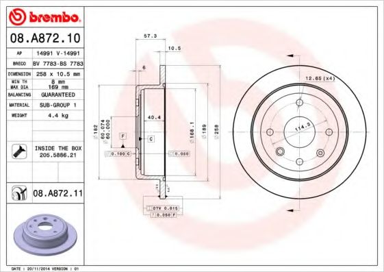 BREMBO - 08.A872.10 - Диск гальм. зад. Chevrolet Lacetti 1,4 16V 05- Nubira kombi