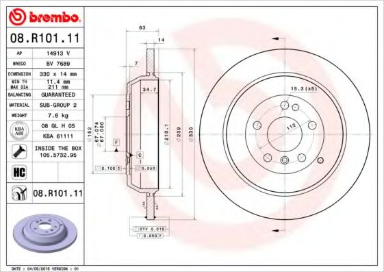 BREMBO - 08.R101.11 - Диск гальмівний задній MB M-Class 3.0 Cdi 06-