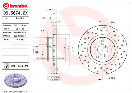 BREMBO - 09.5674.2X - Гальмівний диск