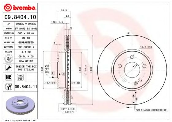 BREMBO - 09.8404.11 - Диск гальмівний MB VITO передн., вент. (вир-во BREMBO)