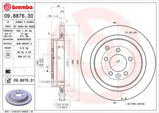 BREMBO - 09.8876.31 - Диск гальмівний задн. (вир-во BREMBO)