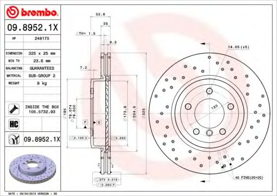 BREMBO - 09.8952.1X - Гальмівний диск