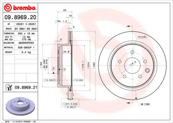 BREMBO - 09.8969.20 - Диск гальмівний RENAULT KOLEOS задн. (вир-во BREMBO)