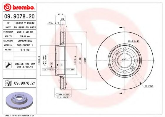 BREMBO - 09.9078.20 - Гальмівний диск передній  Dacia Dokker, Lodgy 1.2-1.6, 03.12- ; Mercedes Citan 11.12-; Renault Captur, Clio, Kangoo 0.9-1.6, 02.08-