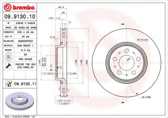 BREMBO - 09.9130.11 - Гальмівний диск передній Volvo S80/V70 98-