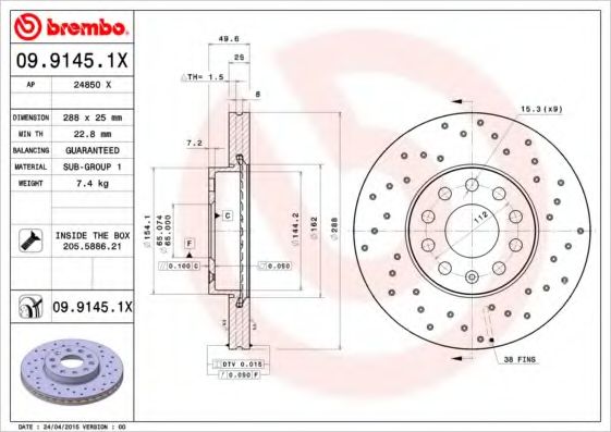 BREMBO - 09.9145.1X - Гальмівний диск перед. 288X25 Audi A3 1.6-3.2 V6 quattro 05.03-