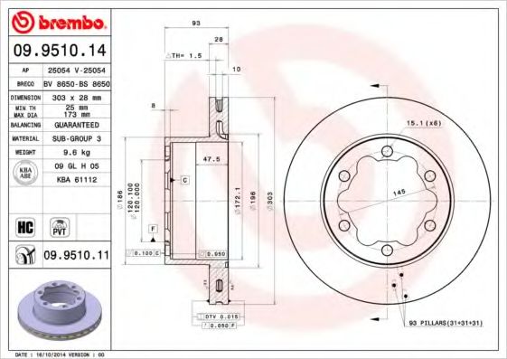 BREMBO - 09.9510.14 - Диск гальмівний зад. DB Sprinter 5T 06-/Crafter