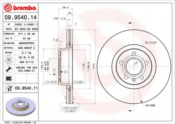 BREMBO - 09.9540.11 - Тормозной диск
