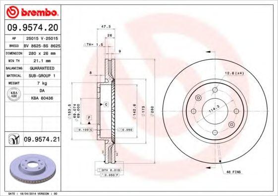 BREMBO - 09.9574.21 - Диск тормозной