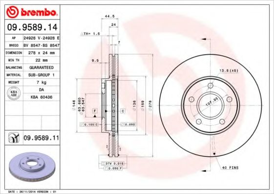 BREMBO - 09.9589.14 - Диск гальм. Ford Tranzit Connect 02-