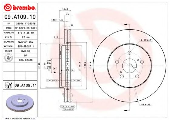 BREMBO - 09.A109.11 - Диск гальмівний TOYOTA LEXUS RX300, 350, 400, 450 передн. (вир-во BREMBO)
