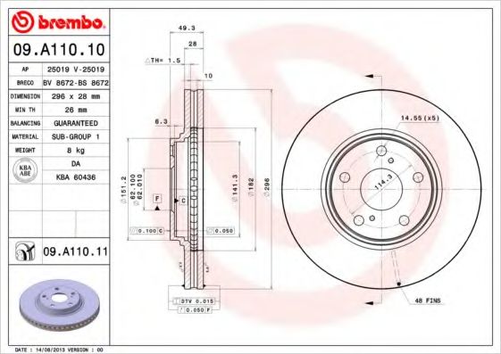 BREMBO - 09.A110.11 - Диск гальмівний TOYOTA CAMRY передн., вент. (вир-во BREMBO)