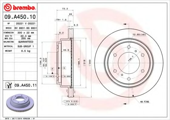 BREMBO - 09.A450.11 - Диск гальмівний MITSUBISHI PAJERO III 2.5TD задн. (вир-во BREMBO)