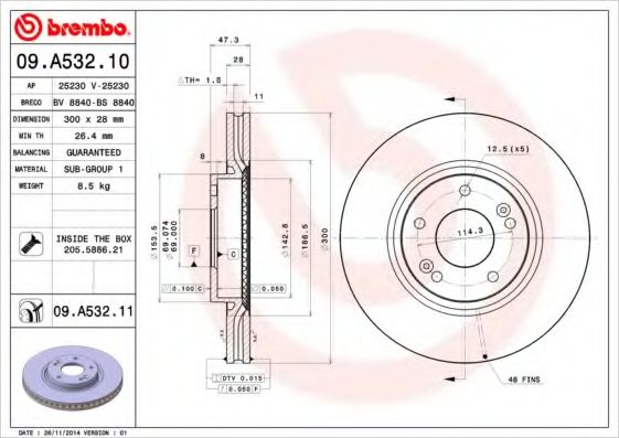 BREMBO - 09.A532.10 - Диск гальмівний перед. Hyunday Sonata V 05-, i40 CW 11-, Kia Sportage 10-