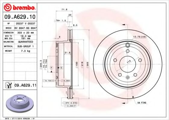 BREMBO - 09.A629.10 - Гальмівний диск