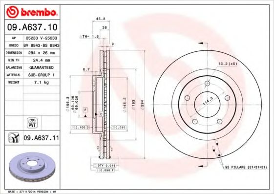 BREMBO - 09.A637.10 - Гальмівний диск перед. Jeep Compass, Patriot 07-13 ; Dodge Avenger 08-13, Caliber 07-12 , Chrysler Sebring 07-10  ; Mitsubishi Outlander 07-12 , Lancer GT, GTS 08-13