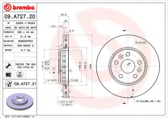 BREMBO - 09.A727.21 - Тормозной диск