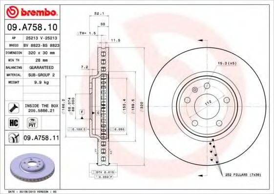 BREMBO - 09.A758.11 - Гальмівні диски передні Audi A4/A5/Q5 2007- (320x30mm)