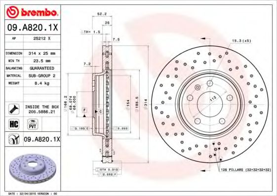 BREMBO - 09.A820.1X - Гальмівний диск