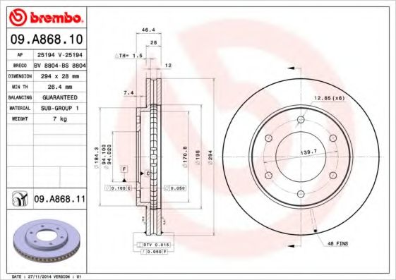 BREMBO - 09.A868.10 - Гальмівний диск перед. венти. Mitsubishi L 200 05-/Pajero Sport 98-
