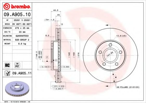 BREMBO - 09.A905.10 - Диск гальмівний FORD/VOLVO FOCUS/CMAX/C30 передн. вент. (вир-во BREMBO)
