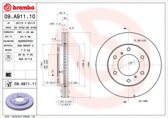 BREMBO - 09.A911.10 - Диск гальмівний MITSUBISHI PAJERO 02 - передн. (вир-во BREMBO)