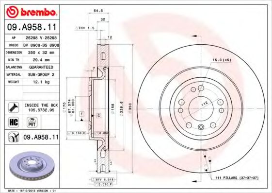 BREMBO - 09.A958.11 - Диск гальмівний перед.  DB ML166 з 2011-